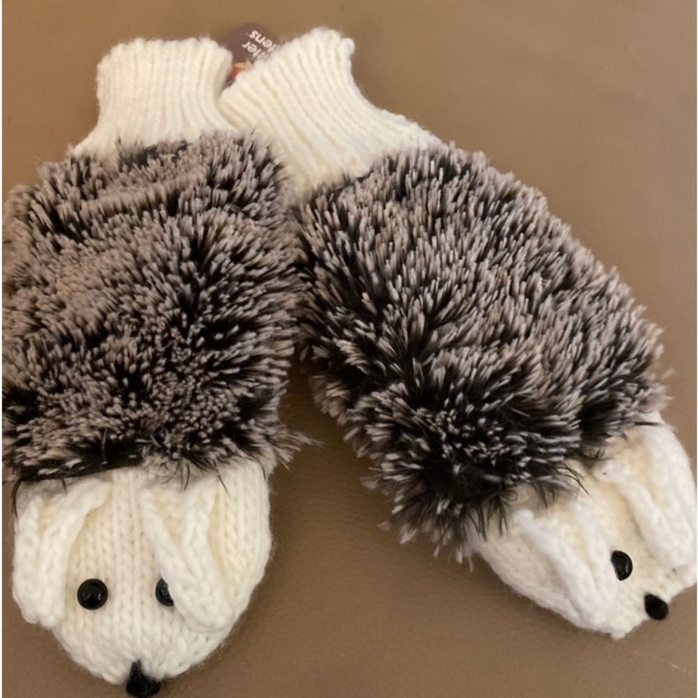 Brand New Furry Animal Mittens…All Knit…Hedgehogs..One black and one brown